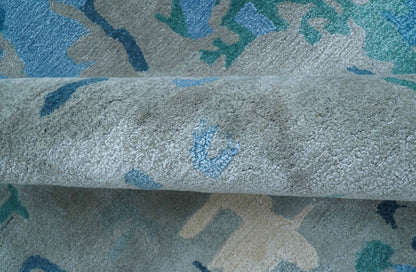 Custom Made Modern Abstract Blue Hand Tufted Wool Art-Silk Rug.