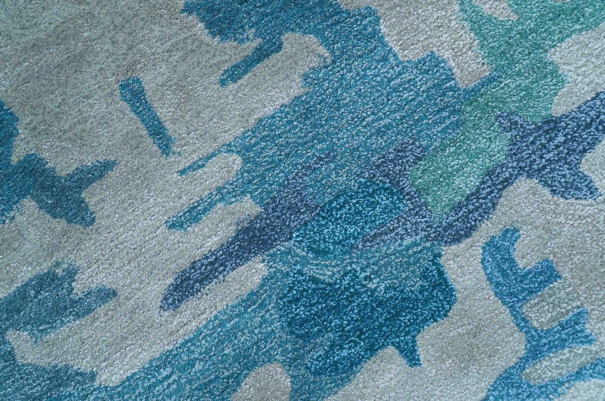 Custom Made Modern Abstract Blue Hand Tufted Wool Art-Silk Rug.