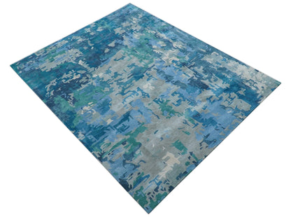 Custom Made Modern Abstract Blue Hand Tufted Wool Art-Silk Rug.