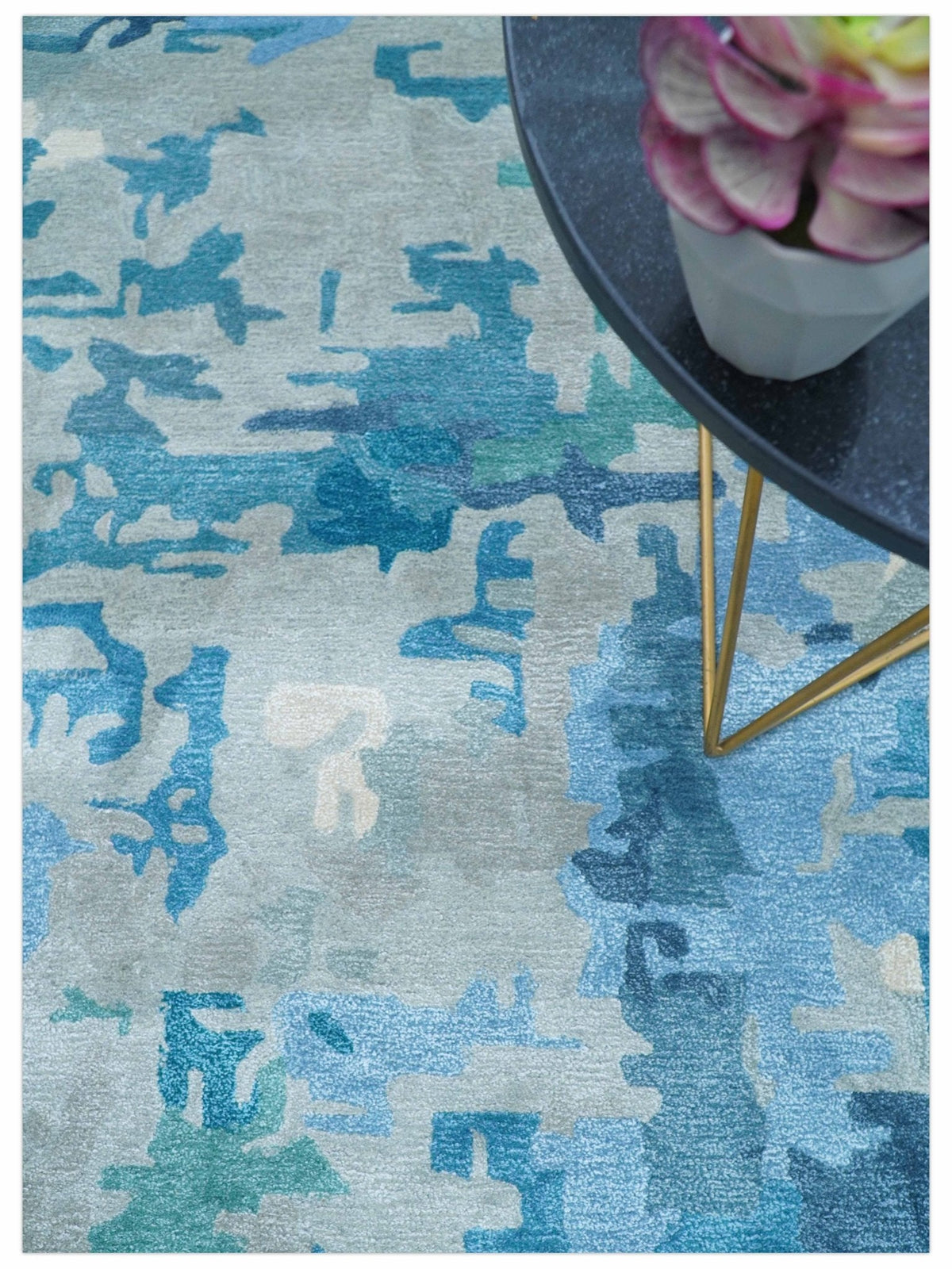 Custom Made Modern Abstract Blue Hand Tufted Wool Art-Silk Rug.