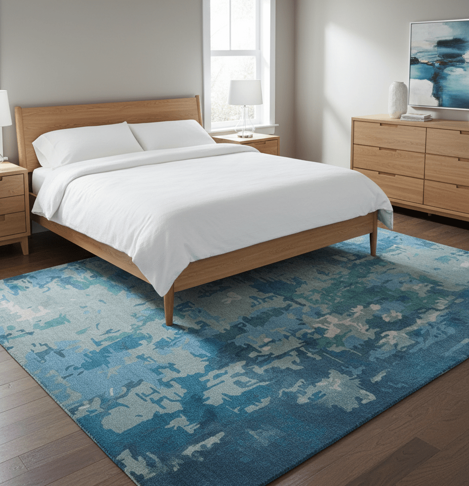 Custom Made Modern Abstract Blue Hand Tufted Wool Art-Silk Rug.