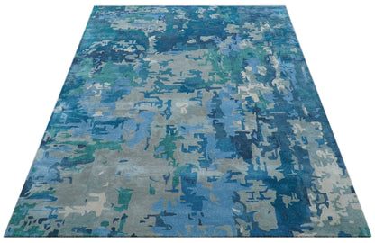 Custom Made Modern Abstract Blue Hand Tufted Wool Art-Silk Rug.