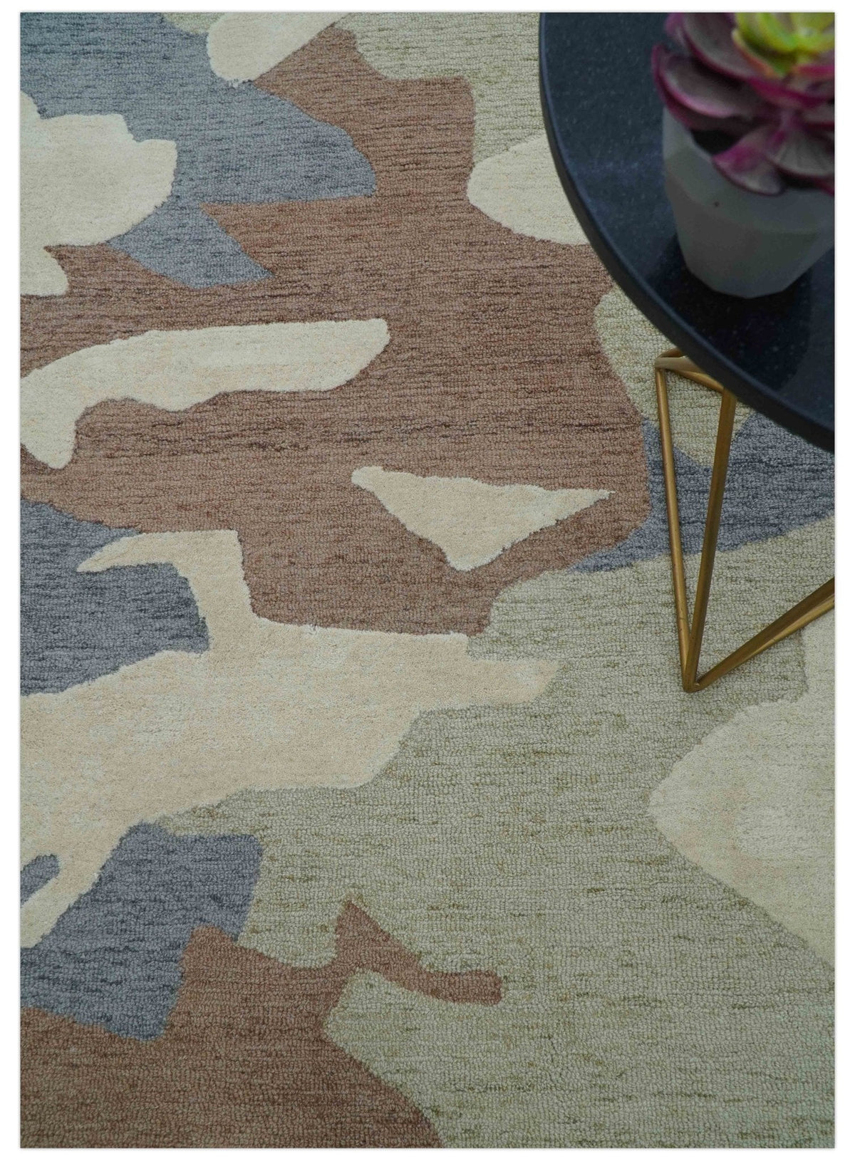 Custom Made Modern Abstract Design Beige Hand Tufted Wool Area Rug.