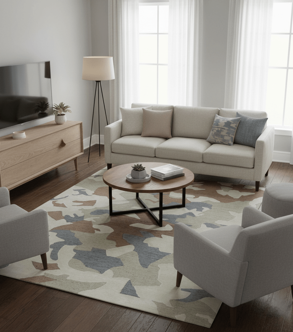 Custom Made Modern Abstract Design Beige Hand Tufted Wool Area Rug.