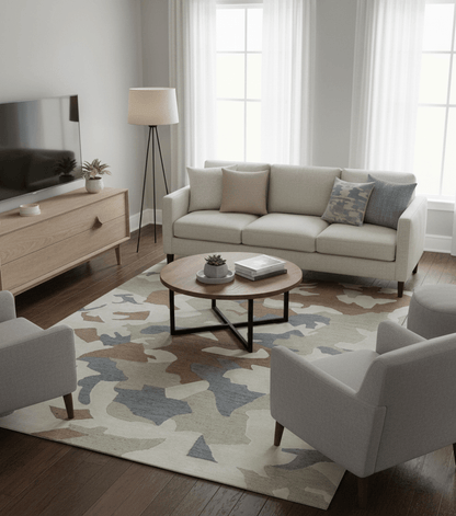Custom Made Modern Abstract Design Beige Hand Tufted Wool Area Rug.
