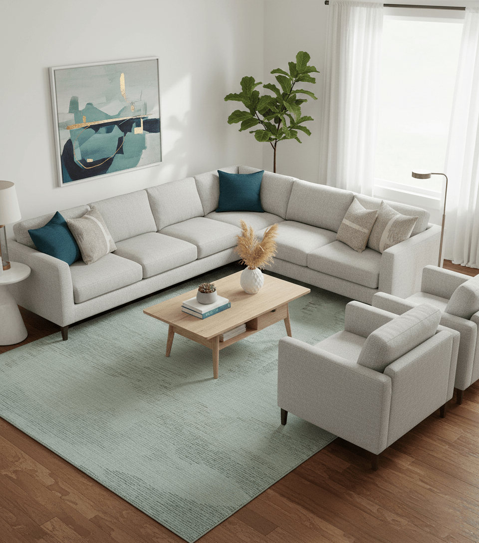 Custom Made Modern Abstract Design Ivory, Blue and Brown Hand Tufted Wool Area Rug.