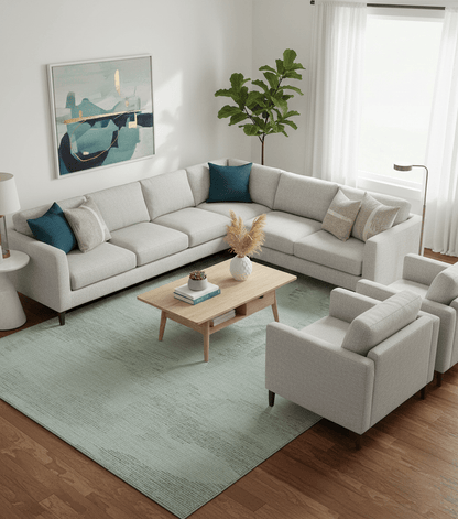 Custom Made Modern Abstract Design Ivory, Blue and Brown Hand Tufted Wool Area Rug.