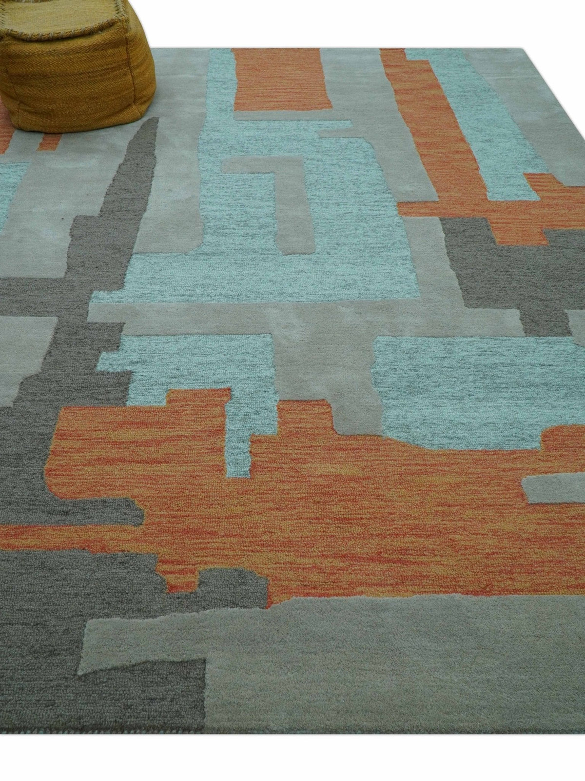 Custom Made Modern Abstract Gray And Blue Hand Tufted Wool Area Rug.
