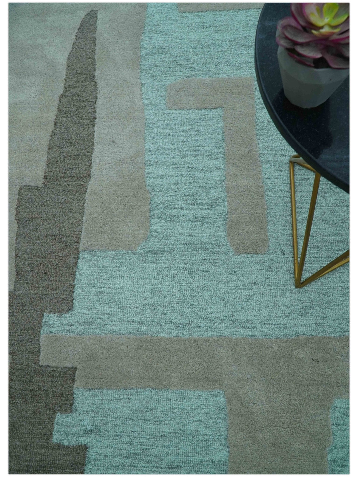 Custom Made Modern Abstract Gray And Blue Hand Tufted Wool Area Rug.