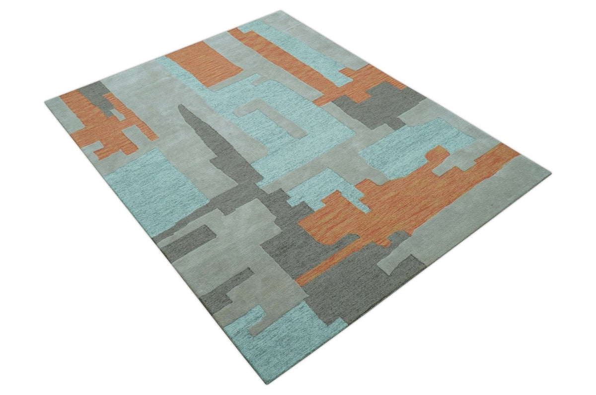 Custom Made Modern Abstract Gray And Blue Hand Tufted Wool Area Rug.