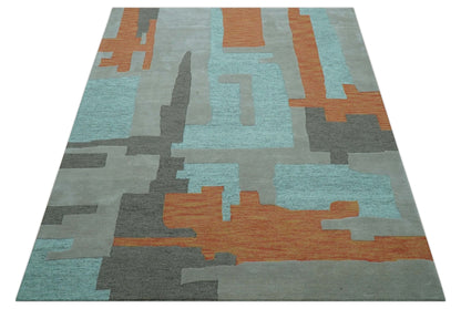 Custom Made Modern Abstract Gray And Blue Hand Tufted Wool Area Rug.