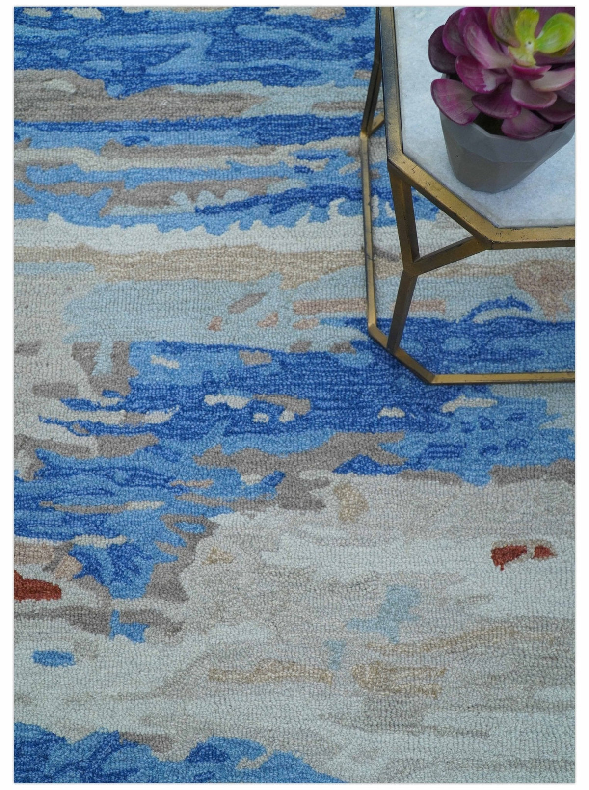 Custom Made Modern Abstract Silver And Blue Hand Tufted Wool  Rug.