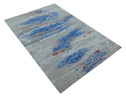 Custom Made Modern Abstract Silver And Blue Hand Tufted Wool  Rug.