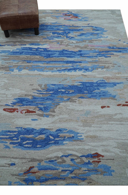 Custom Made Modern Abstract Silver And Blue Hand Tufted Wool  Rug.