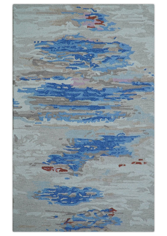 Custom Made Modern Abstract Silver And Blue Hand Tufted Wool  Rug.