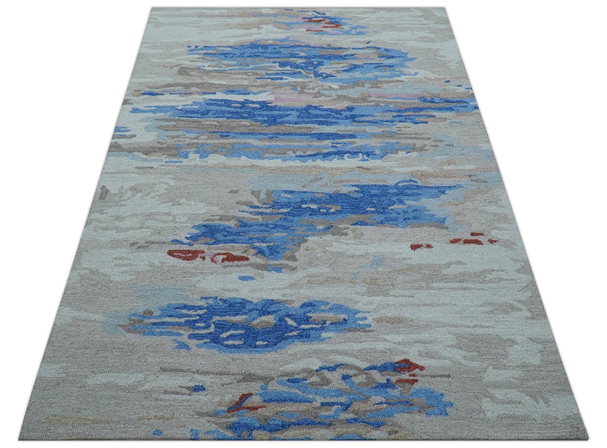 Custom Made Modern Abstract Silver And Blue Hand Tufted Wool  Rug.