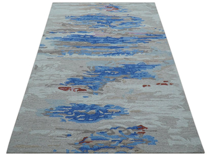 Custom Made Modern Abstract Silver And Blue Hand Tufted Wool  Rug.