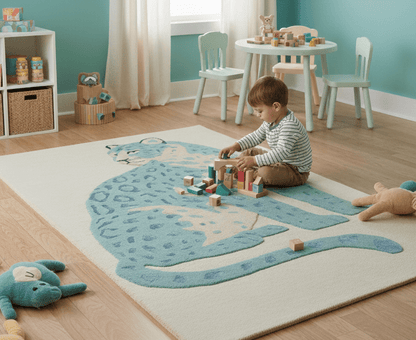 Custom Made Modern Animal Pattern Teal And Beige Hand Tufted Wool Area Rug.