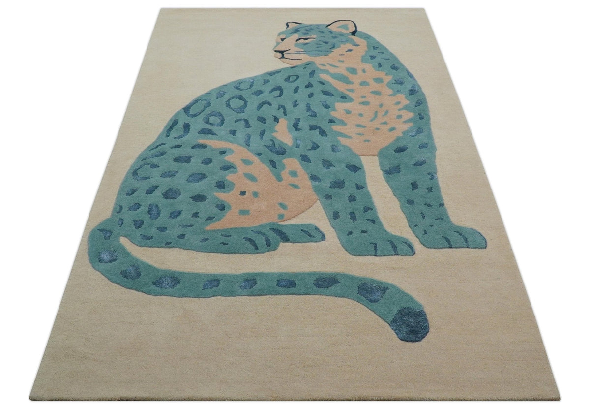 Custom Made Modern Animal Pattern Teal And Beige Hand Tufted Wool Area Rug.
