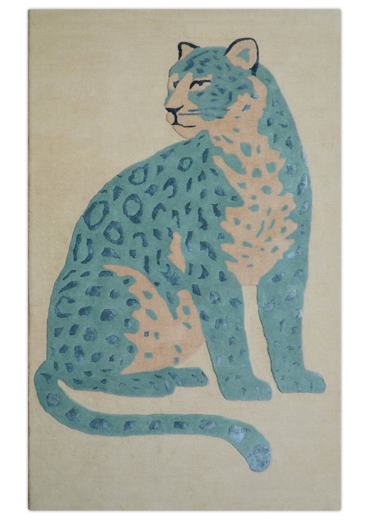 Custom Made Modern Animal Pattern Teal And Beige Hand Tufted Wool Area Rug.
