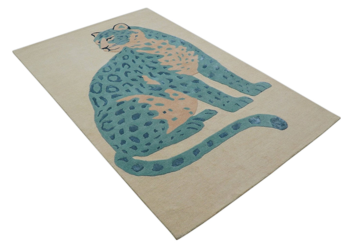 Custom Made Modern Animal Pattern Teal And Beige Hand Tufted Wool Area Rug.