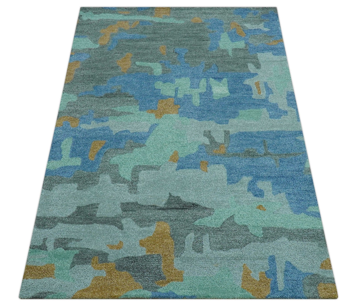 Custom Made Modern Blue Abstract Design Hand Tufted Wool And Viscose Area Rug.