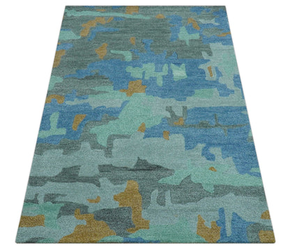 Custom Made Modern Blue Abstract Design Hand Tufted Wool And Viscose Area Rug.