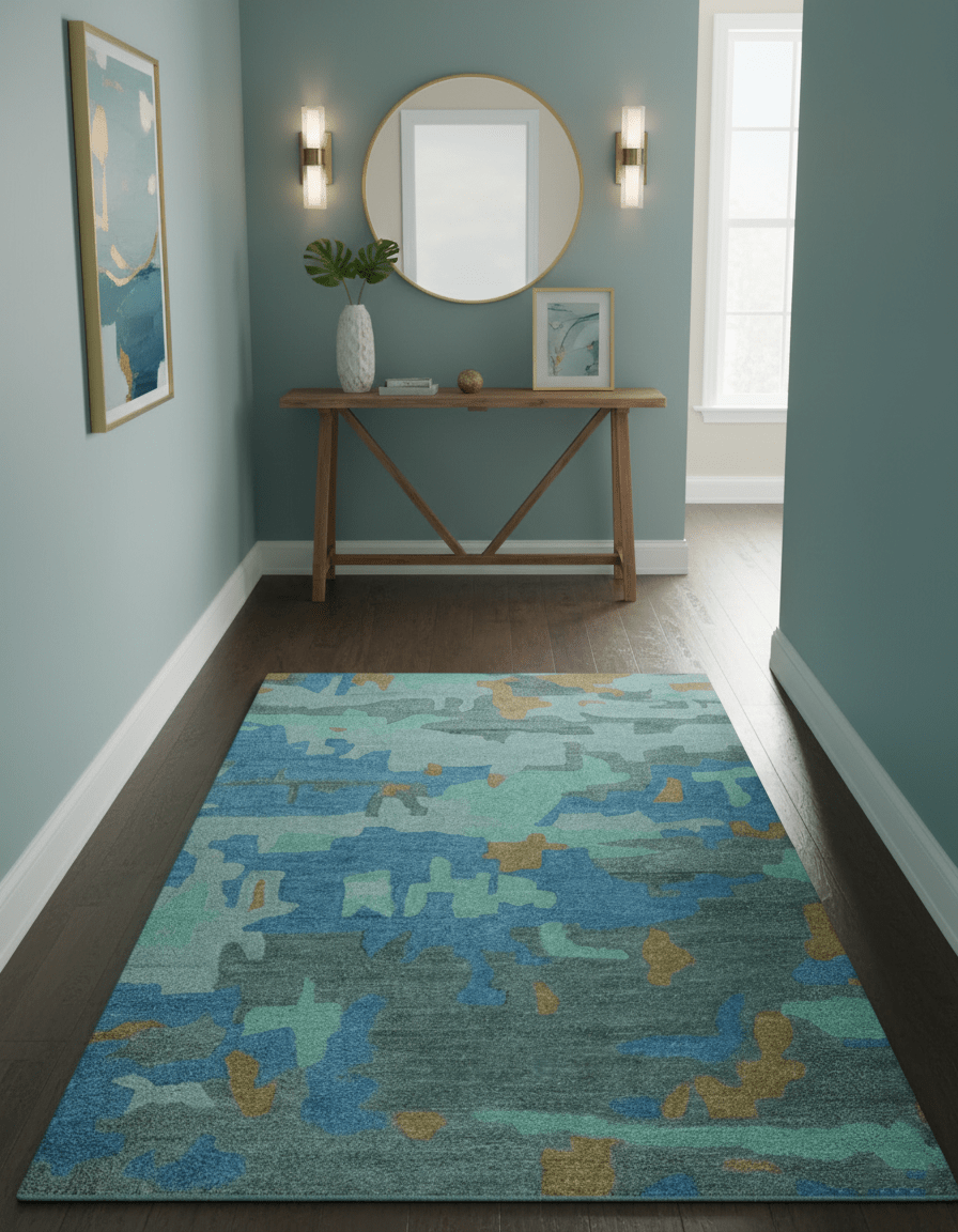 Custom Made Modern Blue Abstract Design Hand Tufted Wool And Viscose Area Rug.