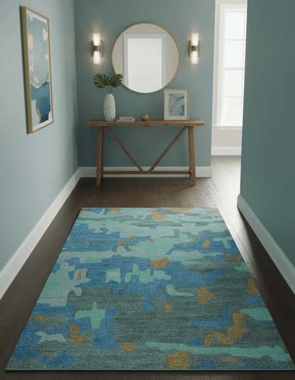 Custom Made Modern Blue Abstract Design Hand Tufted Wool And Viscose Area Rug.