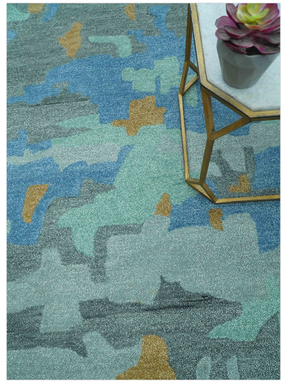 Custom Made Modern Blue Abstract Design Hand Tufted Wool And Viscose Area Rug.