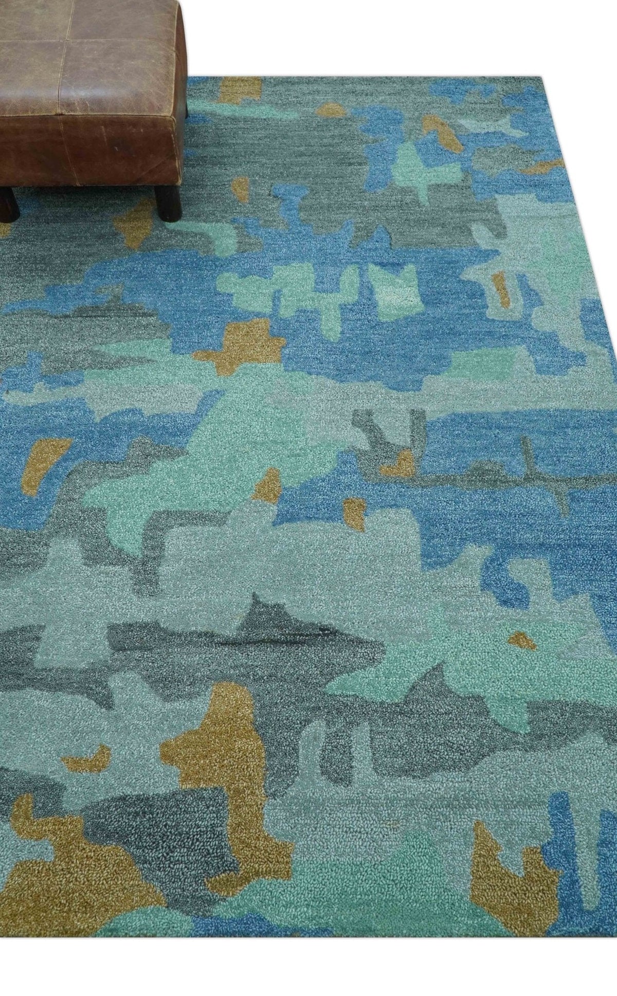 Custom Made Modern Blue Abstract Design Hand Tufted Wool And Viscose Area Rug.