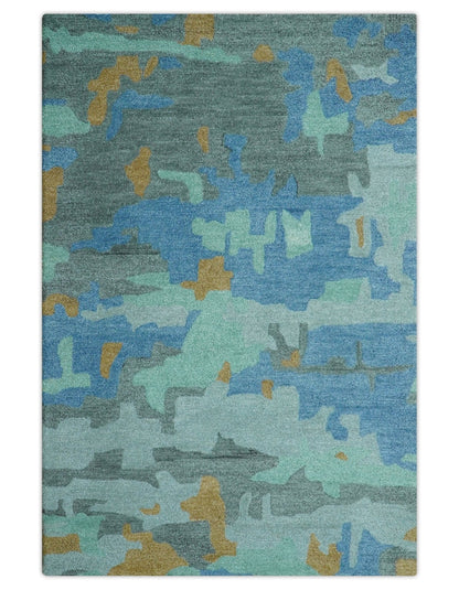 Custom Made Modern Blue Abstract Design Hand Tufted Wool And Viscose Area Rug.