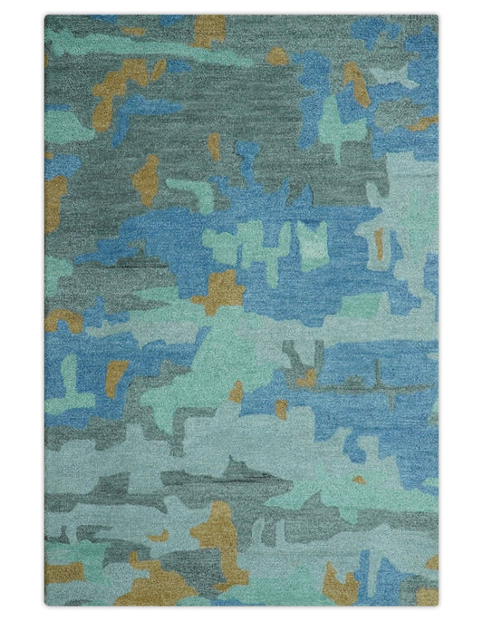 Custom Made Modern Blue Abstract Design Hand Tufted Wool And Viscose Area Rug.