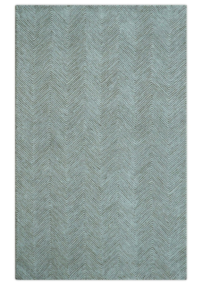 Custom Made Modern Chevron Ivory And Brown Hand Tufted Wool Area Rug.