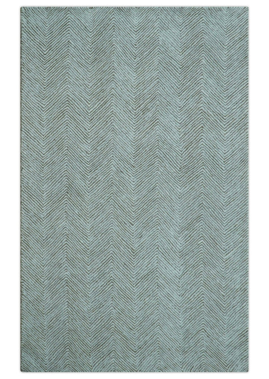 Custom Made Modern Chevron Ivory And Brown Hand Tufted Wool Area Rug.