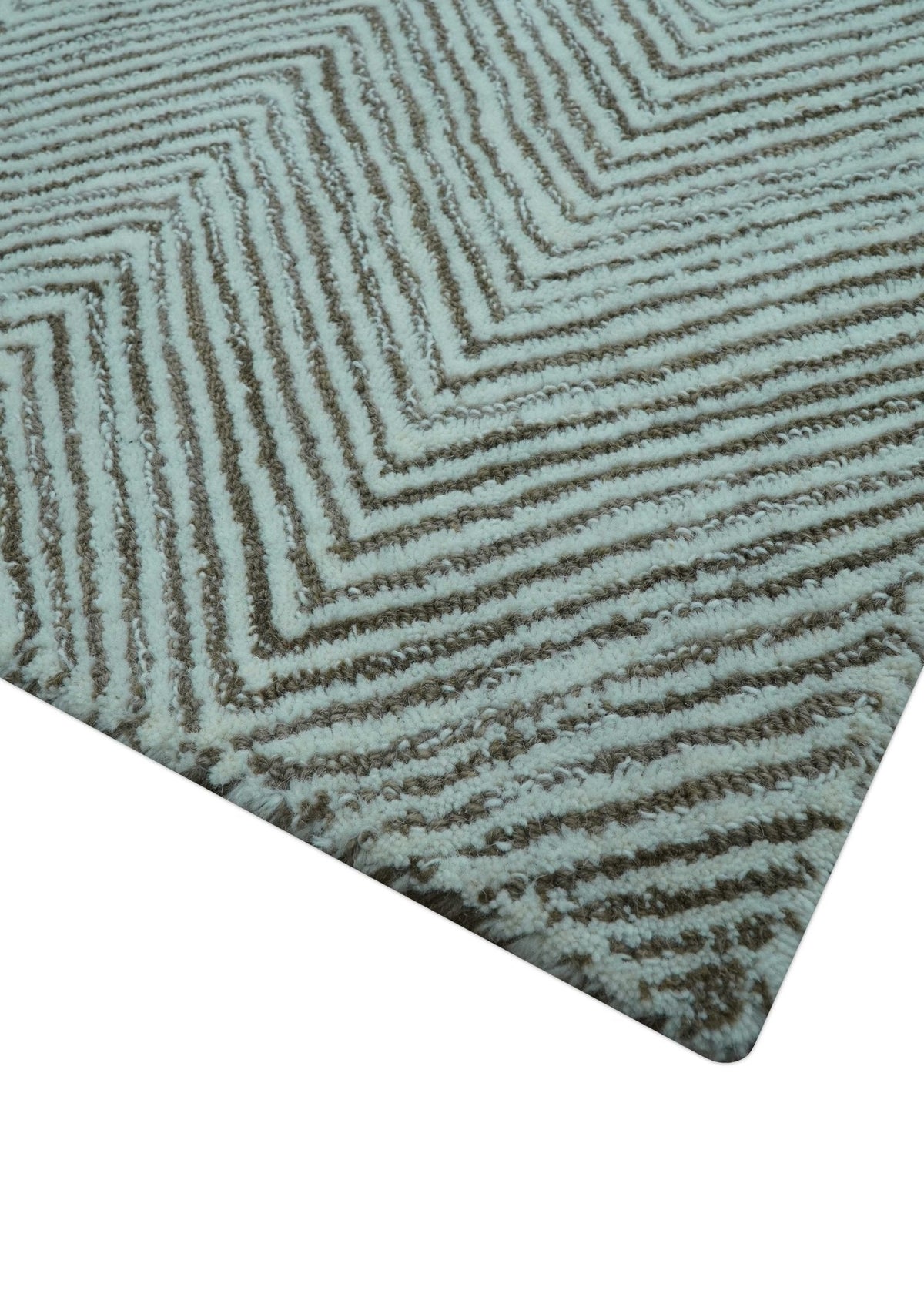 Custom Made Modern Chevron Ivory And Brown Hand Tufted Wool Area Rug.