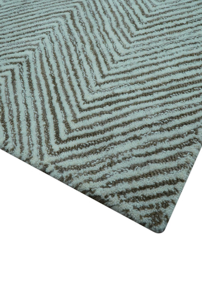 Custom Made Modern Chevron Ivory And Brown Hand Tufted Wool Area Rug.