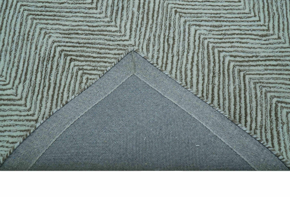 Custom Made Modern Chevron Ivory And Brown Hand Tufted Wool Area Rug.