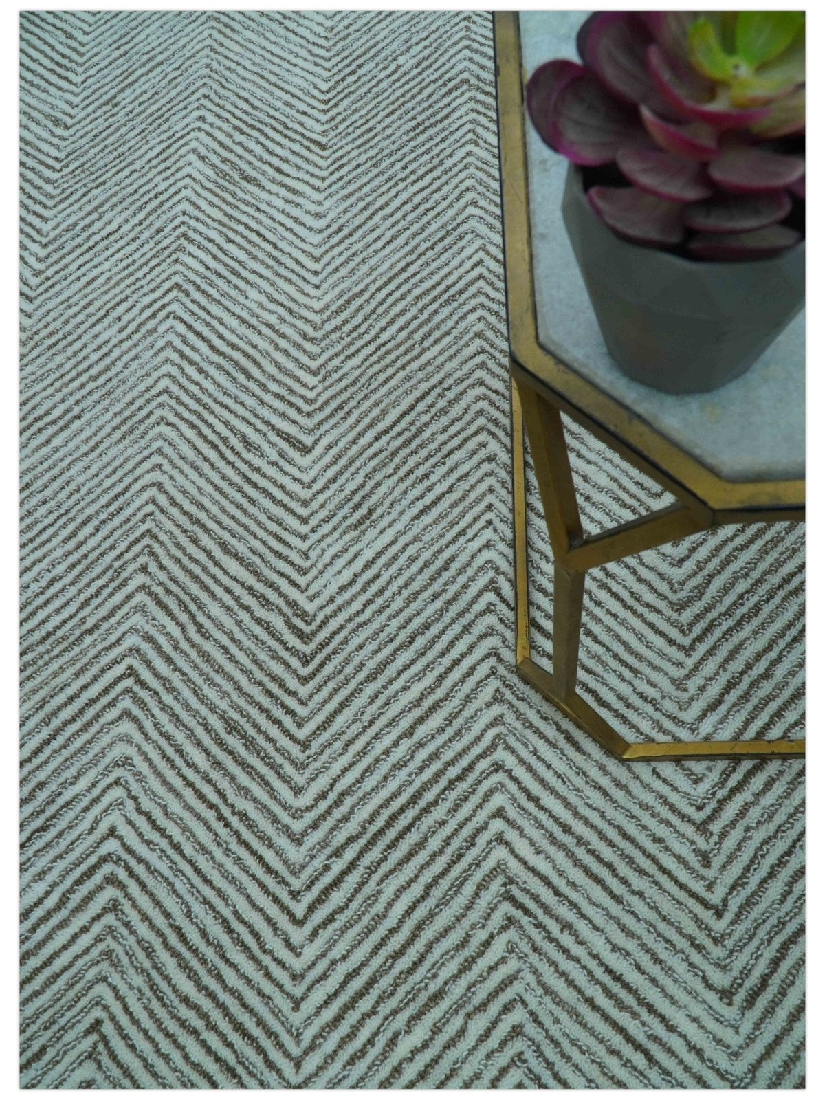 Custom Made Modern Chevron Ivory And Brown Hand Tufted Wool Area Rug.