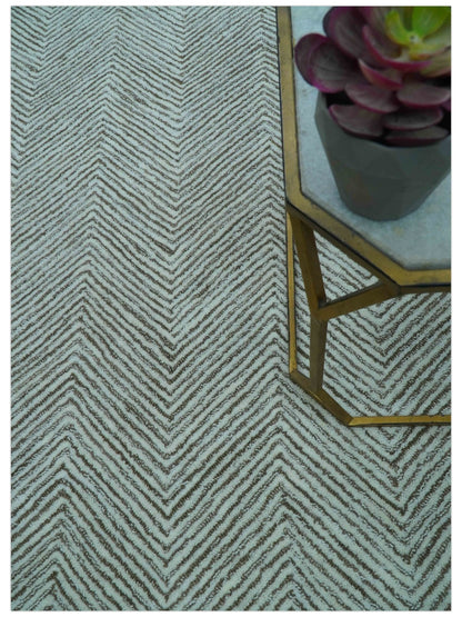 Custom Made Modern Chevron Ivory And Brown Hand Tufted Wool Area Rug.
