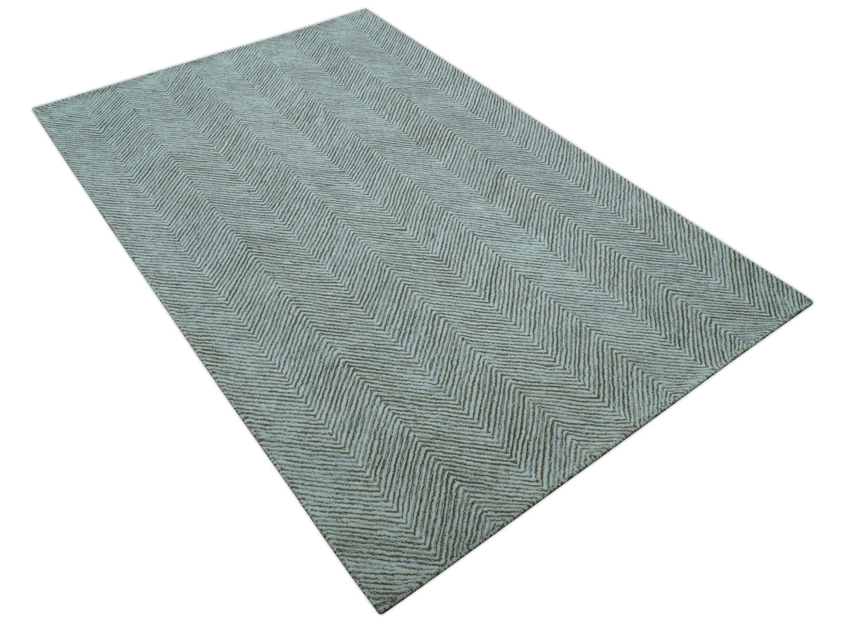 Custom Made Modern Chevron Ivory And Brown Hand Tufted Wool Area Rug.