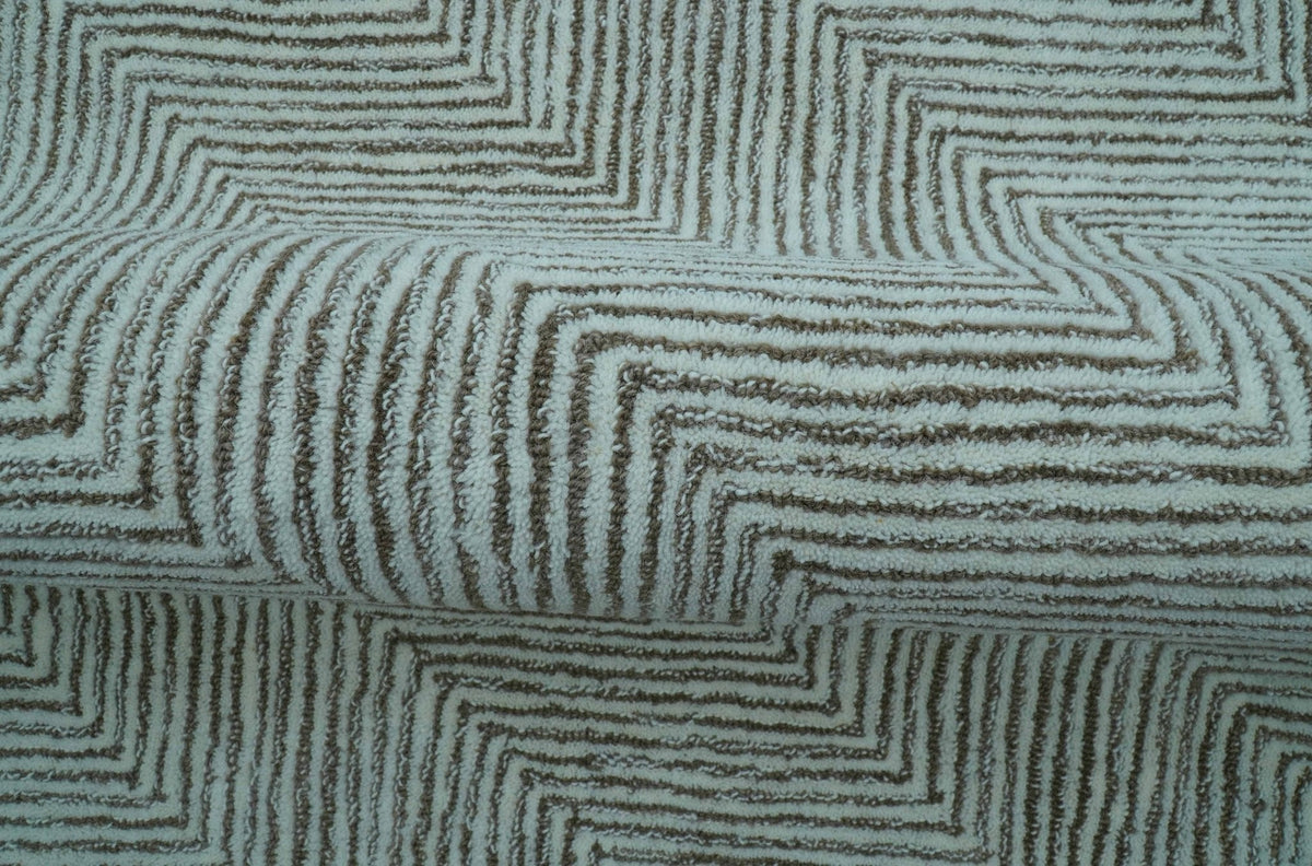Custom Made Modern Chevron Ivory And Brown Hand Tufted Wool Area Rug.