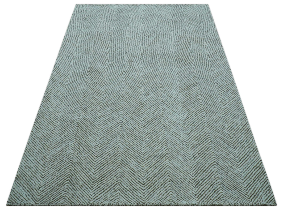 Custom Made Modern Chevron Ivory And Brown Hand Tufted Wool Area Rug.