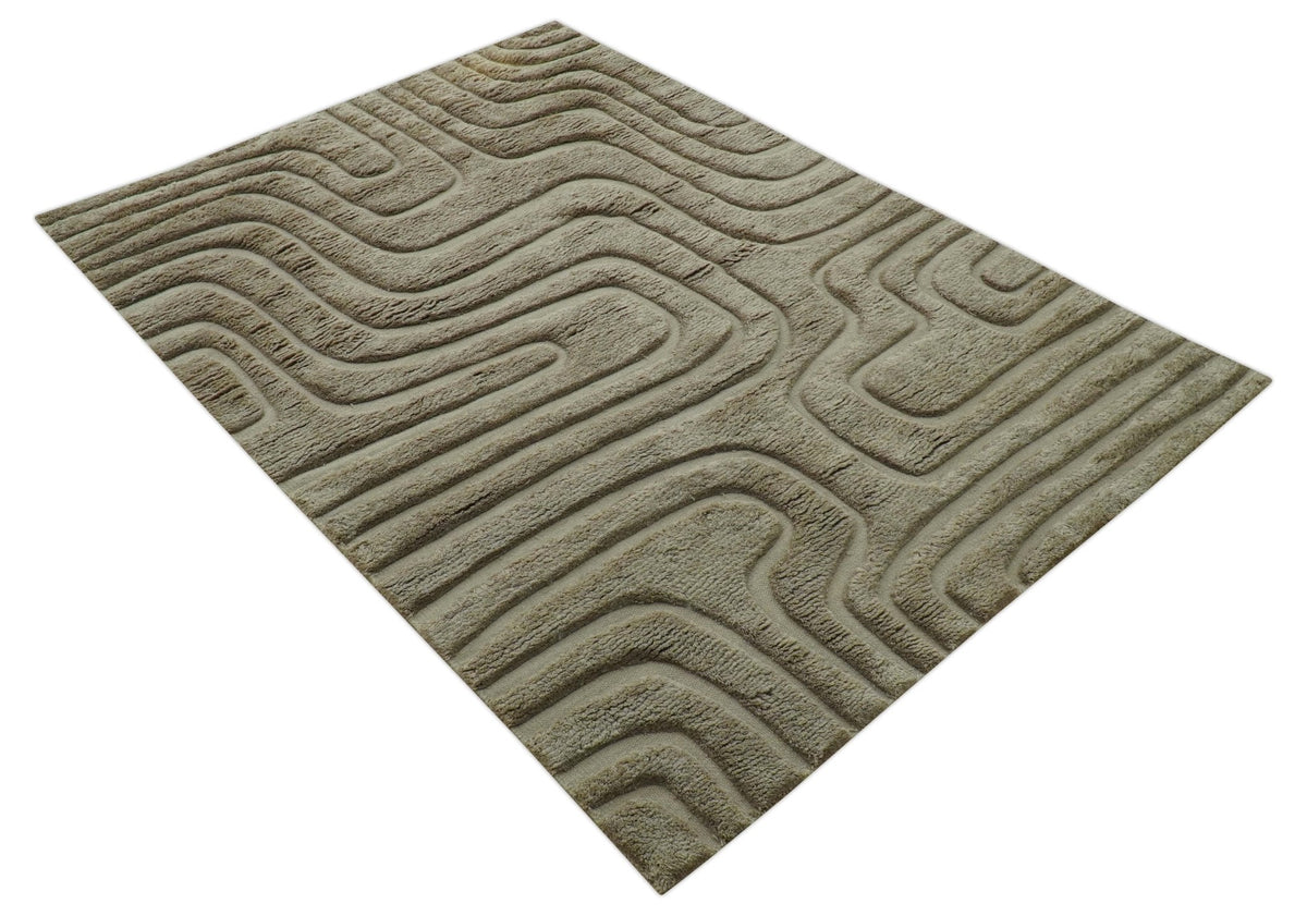 Custom Made Modern Contemporary Beige And Gray Hand Knotted Wool Rug.