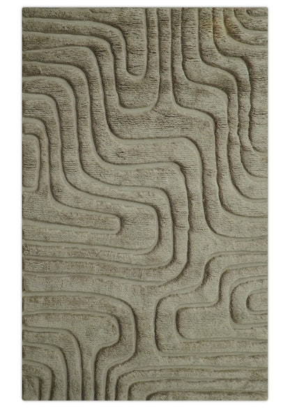 Custom Made Modern Contemporary Beige And Gray Hand Knotted Wool Rug.