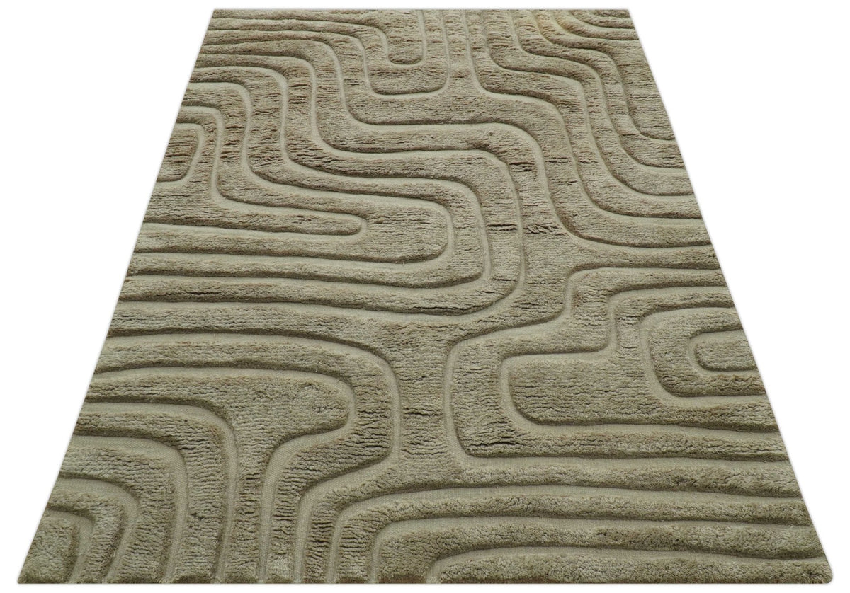 Custom Made Modern Contemporary Beige And Gray Hand Knotted Wool Rug.