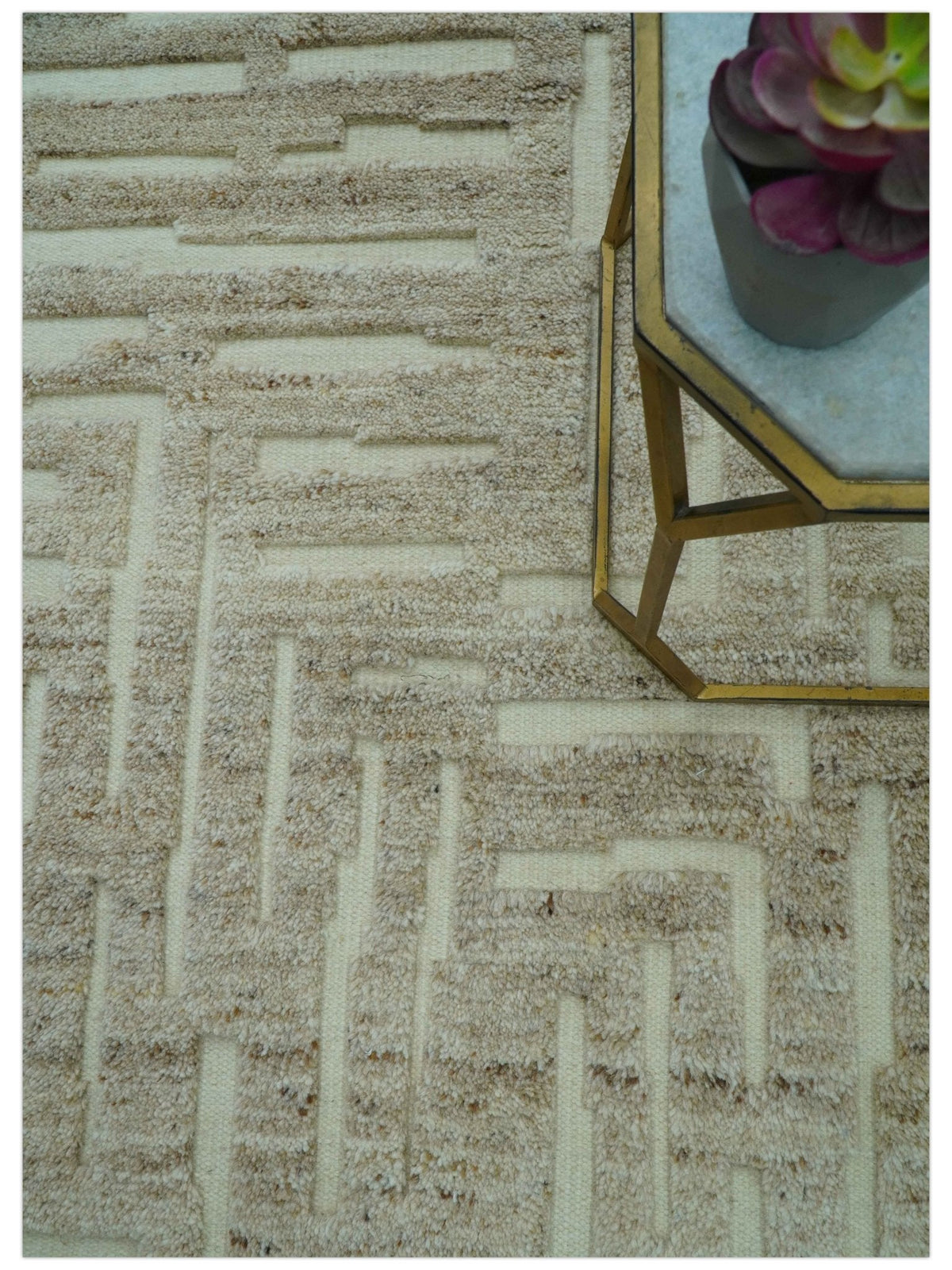 Custom Made Modern Contemporary Beige Hand Knotted Wool Area Rug.