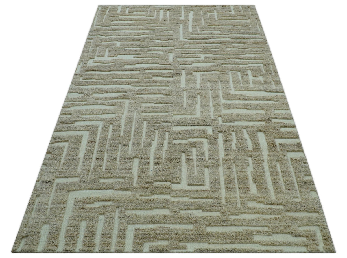Custom Made Modern Contemporary Beige Hand Knotted Wool Area Rug.