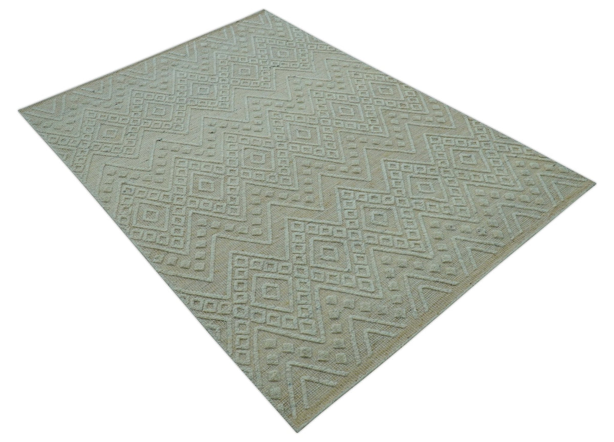 Custom Made Modern Contemporary Beige Hand Knotted Wool Area Rug.
