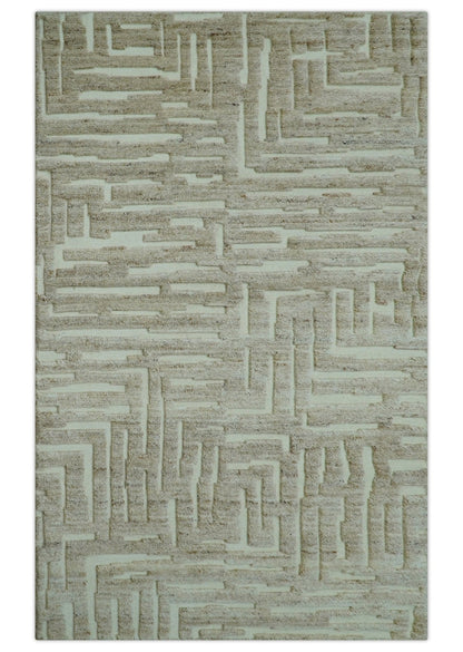 Custom Made Modern Contemporary Beige Hand Knotted Wool Area Rug.